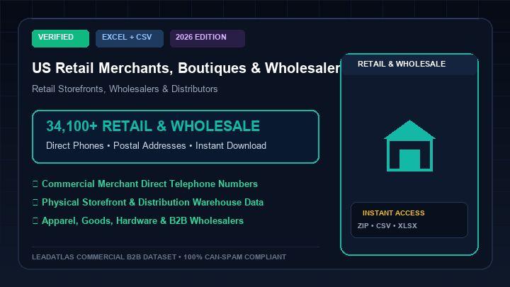 US Retail Merchants, Boutiques & Wholesalers (34,100+ Records)